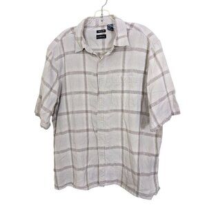 George Shirt Linen Blend Shirt Men Size XL Beige Check Short Sleeve Button Front